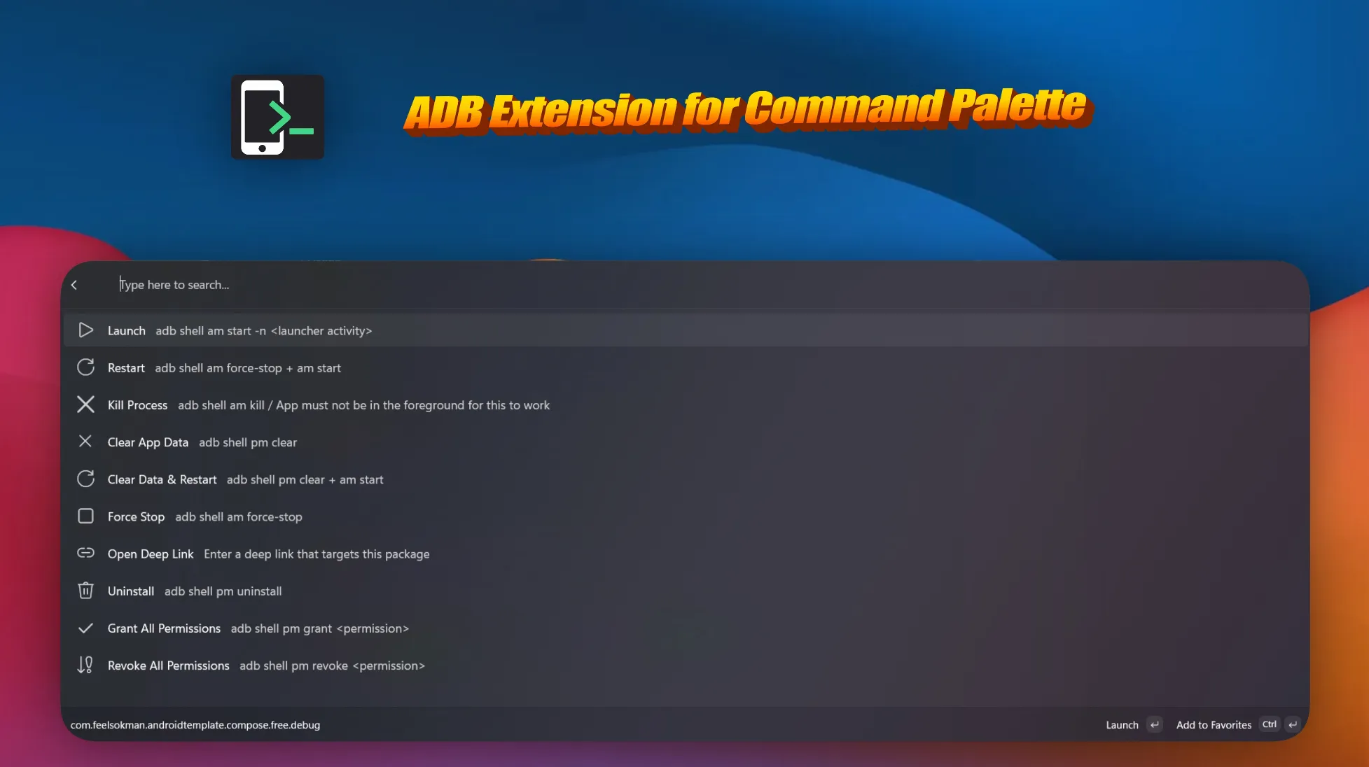 The ADB extension listing image, a command palette full of adb commands