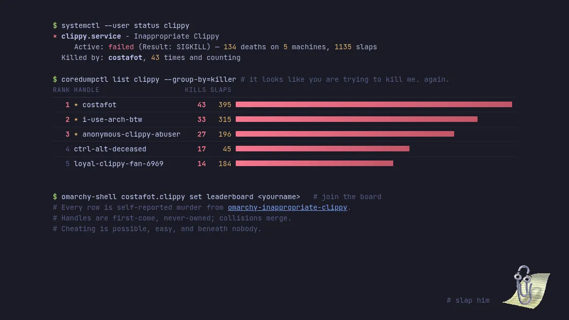 The graveyard leaderboard, styled as systemctl and coredumpctl output