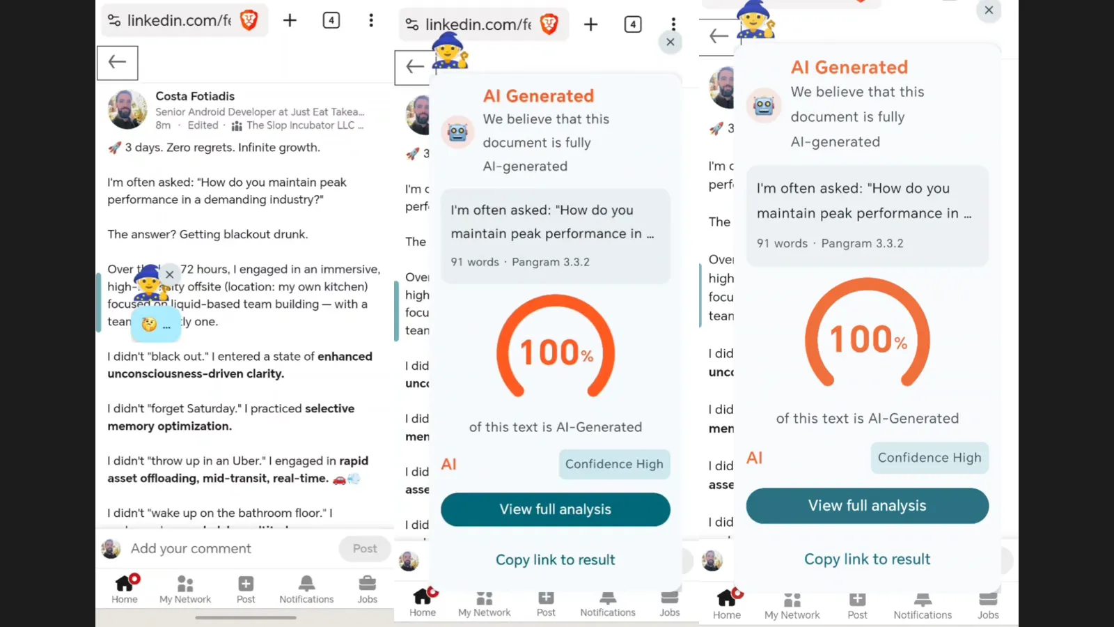 Three LinkedIn posts judged 100% AI-generated by Deckard