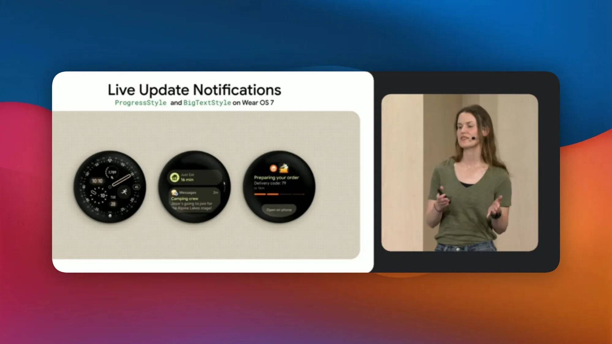 A Google I/O slide titled Live Update Notifications, with a Just Eat order tracking notification on a Wear OS watch, and the speaker beside it