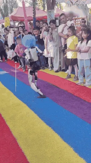 A humanoid robot kicking a kid during a martial arts show at a park in China